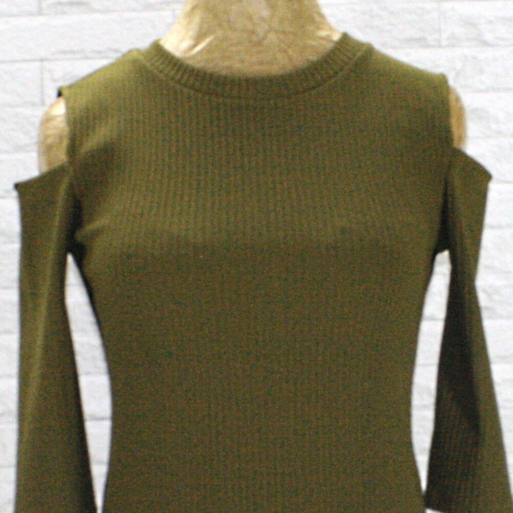 FOREVER 21 Dress Ribbed Knit Bodycon Form Fitted Cold Shoulder Column Olive S - Picture 2 of 15